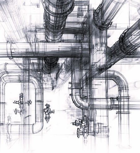 Technische Zeichnung von Rohren und Ventilen in einem komplexen System.